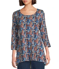 Intro Knit Jersey Painted Geo Textured Print 3/4 Sleeve Hi-Low Top