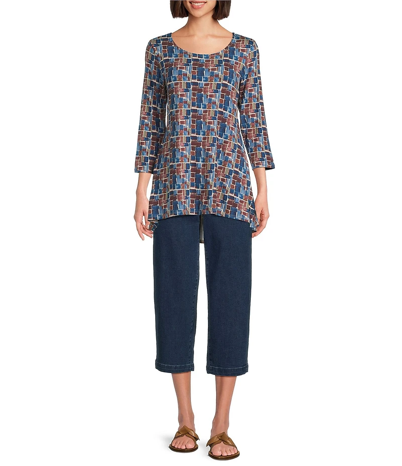 Intro Knit Jersey Painted Geo Textured Print 3/4 Sleeve Hi-Low Top