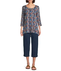 Intro Knit Jersey Painted Geo Textured Print 3/4 Sleeve Hi-Low Top