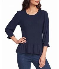 Intro Knit Jersey Crew Neck 3/4 Sleeve Smocked Peplum Top