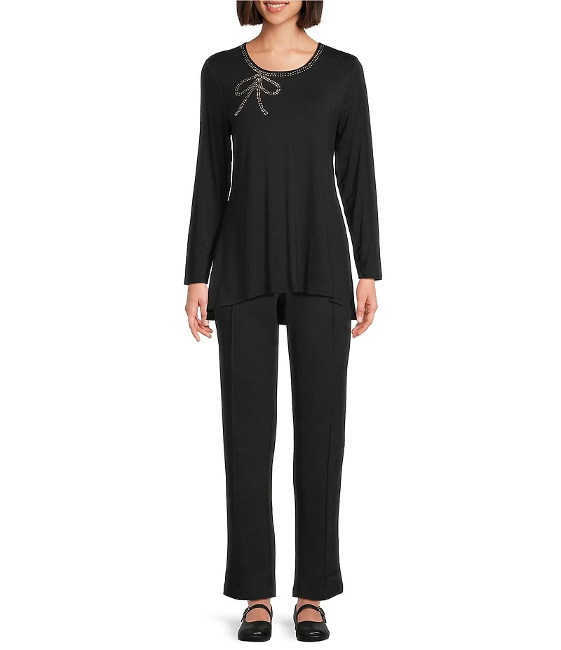 Intro Knit Jersey Embellished Neck Long Sleeve Hi-Low Hem Legging Tee