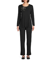 Intro Knit Jersey Embellished Neck Long Sleeve Hi-Low Hem Legging Tee