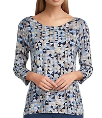 Intro Knit Jersey Ink Geometric Print Boat Neck 3/4 Sleeve Tee