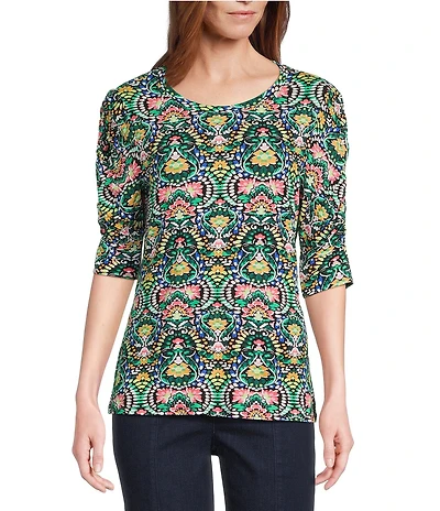 Intro Knit Jersey Jacobean Watercolor Crew Neck Elbow Ruched Sleeve Top