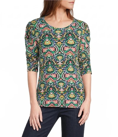 Intro Knit Jersey Jacobean Watercolor Crew Neck Elbow Ruched Sleeve Top