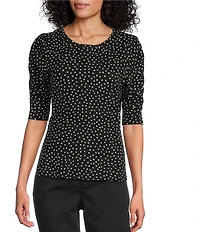 Intro Knit Jersey Mini Polka Dot Crew Neck Elbow Puff Sleeve Top
