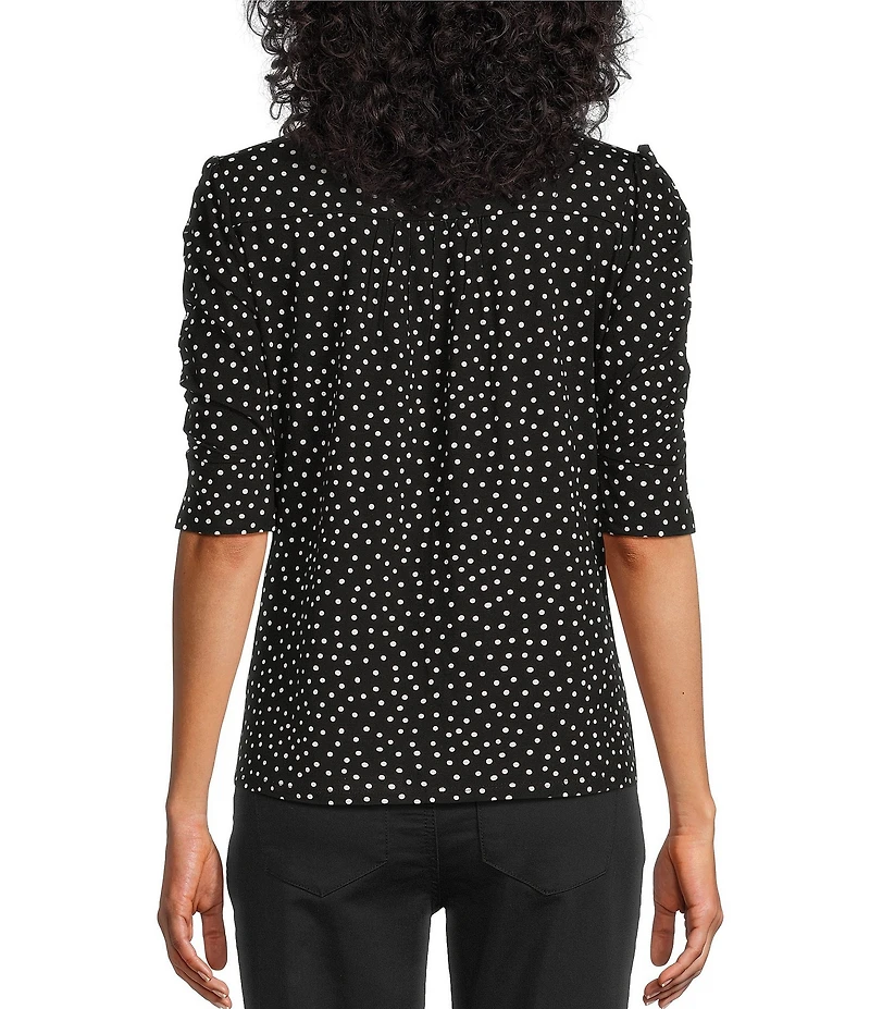 Intro Knit Jersey Mini Polka Dot Crew Neck Elbow Puff Sleeve Top