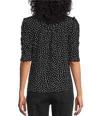 Intro Knit Jersey Mini Polka Dot Crew Neck Elbow Puff Sleeve Top