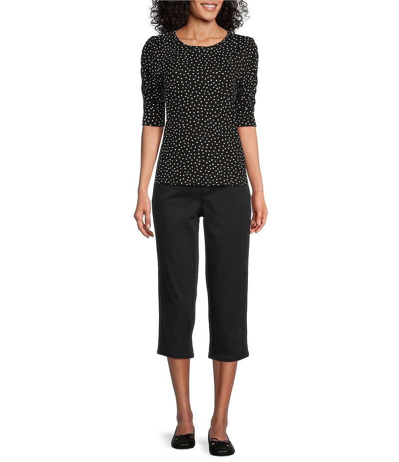 Intro Knit Jersey Mini Polka Dot Crew Neck Elbow Puff Sleeve Top