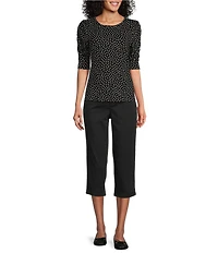 Intro Knit Jersey Mini Polka Dot Crew Neck Elbow Puff Sleeve Top