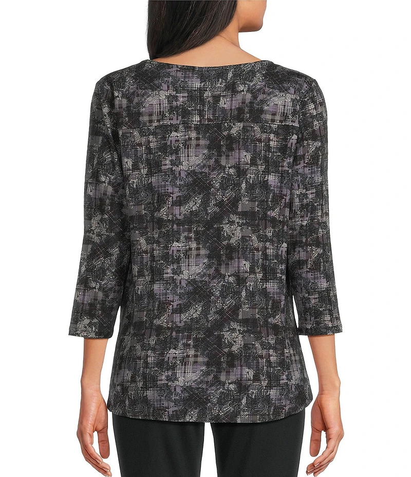 Intro Knit Jersey Plaid Paisley Print 3/4 Sleeve Pleated Neck Tee