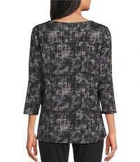 Intro Knit Jersey Plaid Paisley Print 3/4 Sleeve Pleated Neck Tee