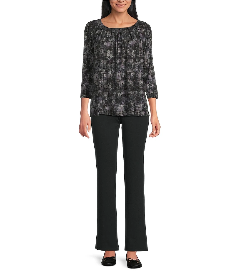 Intro Knit Jersey Plaid Paisley Print 3/4 Sleeve Pleated Neck Tee