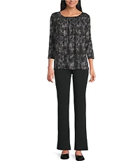 Intro Knit Jersey Plaid Paisley Print 3/4 Sleeve Pleated Neck Tee