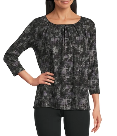 Intro Knit Jersey Plaid Paisley Print 3/4 Sleeve Pleated Neck Tee