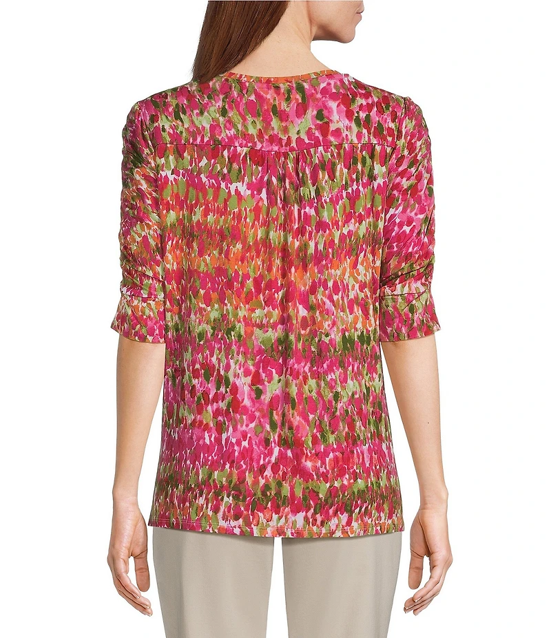 Intro Knit Jersey Raspberry Sorbet Crew Neck Elbow Ruched Sleeve Top