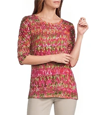 Intro Knit Jersey Raspberry Sorbet Crew Neck Elbow Ruched Sleeve Top