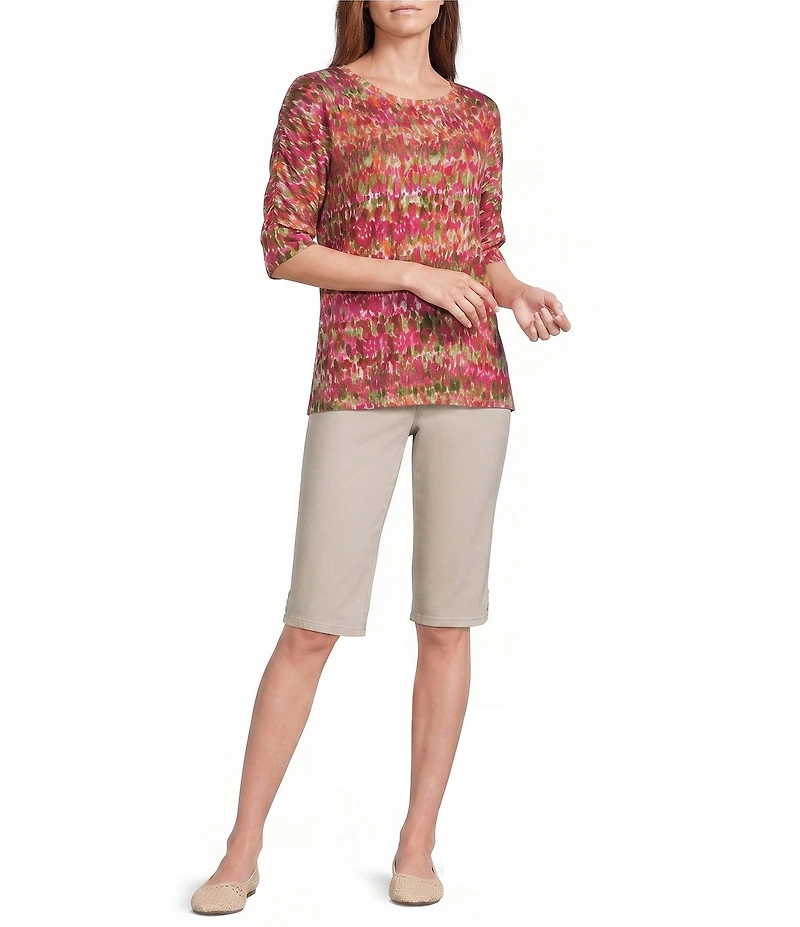 Intro Knit Jersey Raspberry Sorbet Crew Neck Elbow Ruched Sleeve Top