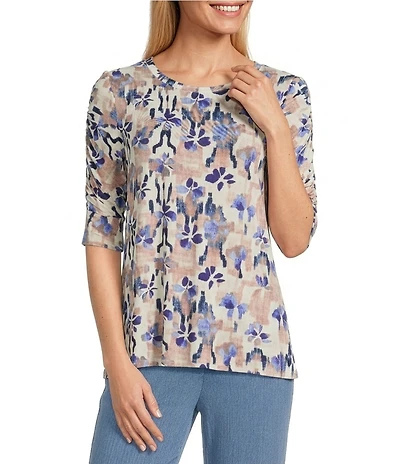 Intro Knit Jersey Rugby Tan Crew Neck Elbow Ruched Sleeve Top