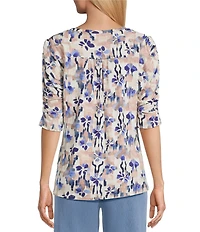 Intro Knit Jersey Rugby Tan Crew Neck Elbow Ruched Sleeve Top