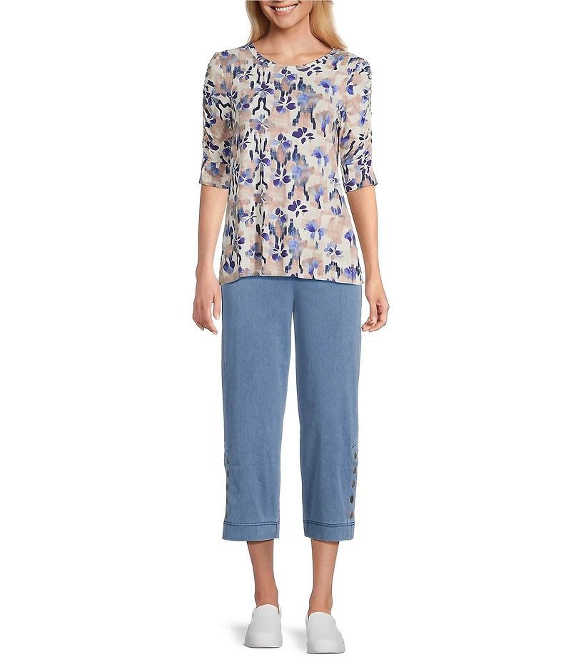 Intro Knit Jersey Rugby Tan Crew Neck Elbow Ruched Sleeve Top