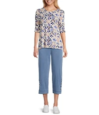 Intro Knit Jersey Rugby Tan Crew Neck Elbow Ruched Sleeve Top