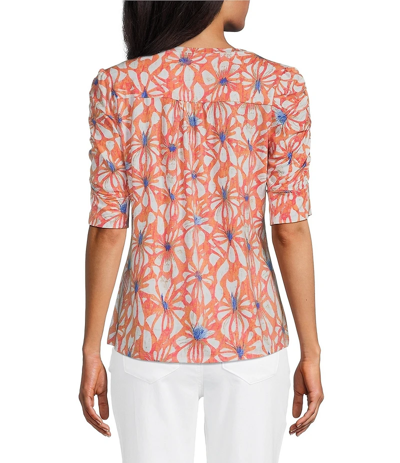 Intro Knit Jersey Shell Coral Crew Neck Elbow Ruched Sleeve Top