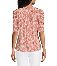 Intro Knit Jersey Shell Coral Crew Neck Elbow Ruched Sleeve Top