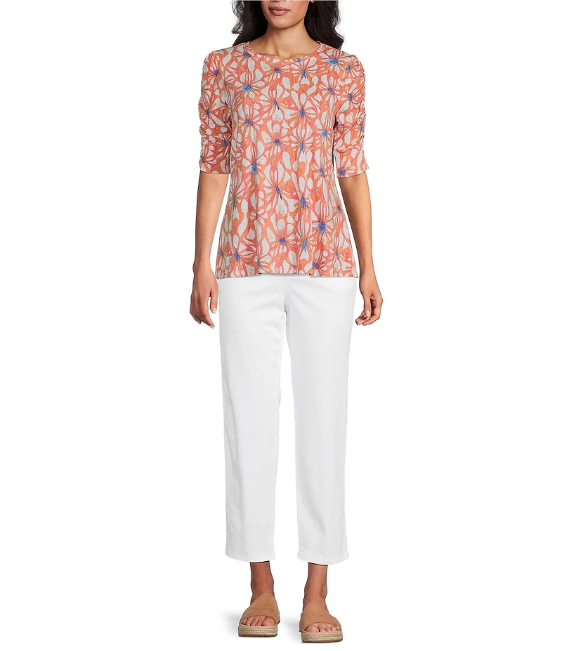 Intro Knit Jersey Shell Coral Crew Neck Elbow Ruched Sleeve Top