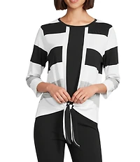 Intro Knit Jersey Stripe Crew Neck 3/4 Sleeve Tie-Front Hem Traveler Tee