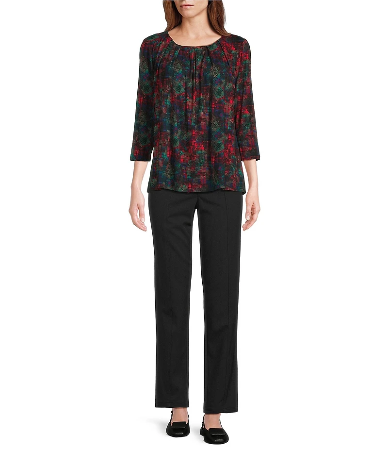 Intro Knit Jersey Ultramarine Green Tie-Dyed Printed 3/4 Sleeve Pleated Neck Tee