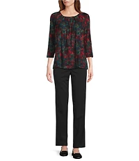 Intro Knit Jersey Ultramarine Green Tie-Dyed Printed 3/4 Sleeve Pleated Neck Tee