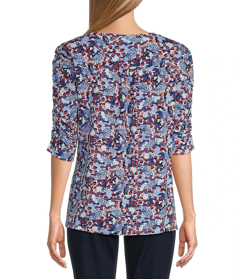 Intro Knit Jersey Victoria Blue Crew Neck Elbow Ruched Sleeve Top