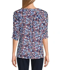 Intro Knit Jersey Victoria Blue Crew Neck Elbow Ruched Sleeve Top