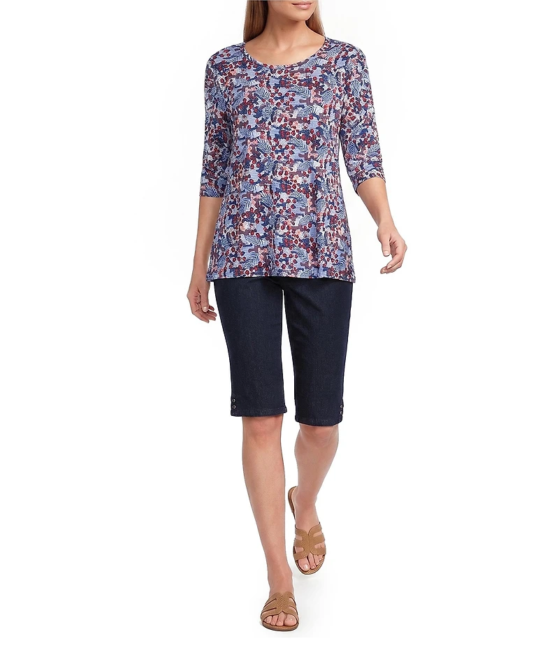 Intro Knit Jersey Victoria Blue Crew Neck Elbow Ruched Sleeve Top