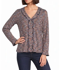 Intro Knit Space-Dye Ruffle Detail V-Neck Bracelet Length Flounce Sleeve Button-Front Shirt