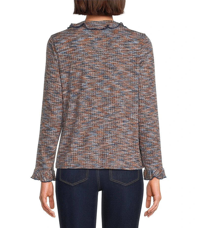 Intro Knit Space-Dye Ruffle Detail V-Neck Bracelet Length Flounce Sleeve Button-Front Shirt