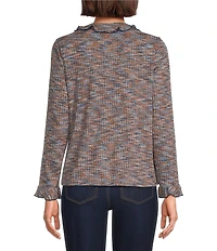 Intro Knit Space-Dye Ruffle Detail V-Neck Bracelet Length Flounce Sleeve Button-Front Shirt