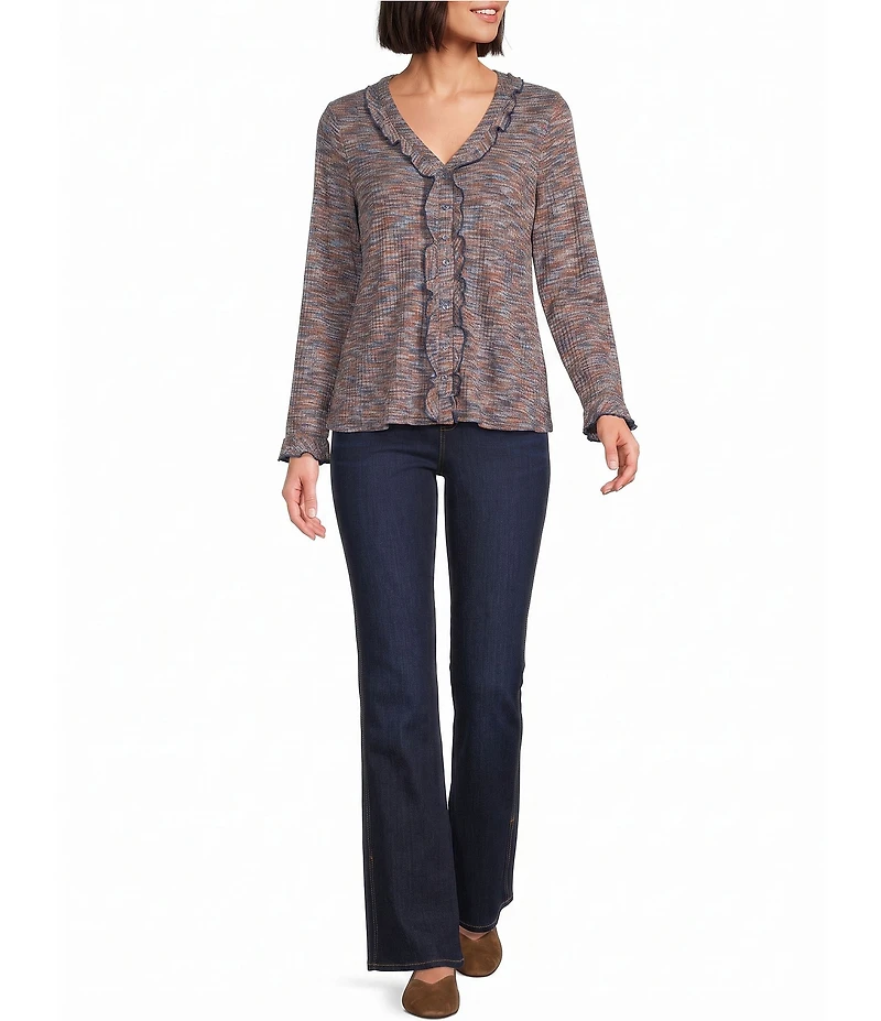 Intro Knit Space-Dye Ruffle Detail V-Neck Bracelet Length Flounce Sleeve Button-Front Shirt