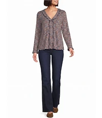 Intro Knit Space-Dye Ruffle Detail V-Neck Bracelet Length Flounce Sleeve Button-Front Shirt