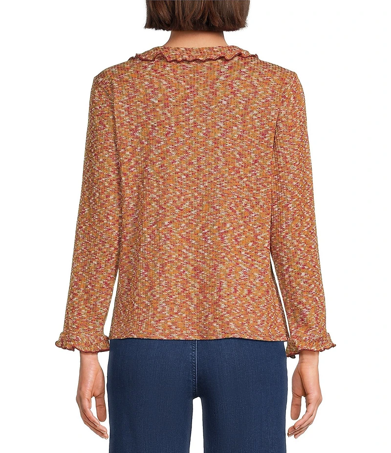 Intro Knit Space-Dye Ruffle Detail V-Neck Bracelet Length Flounce Sleeve Button-Front Shirt