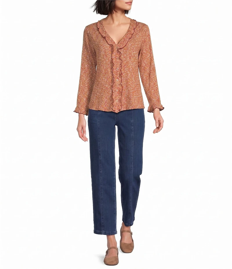 Intro Knit Space-Dye Ruffle Detail V-Neck Bracelet Length Flounce Sleeve Button-Front Shirt