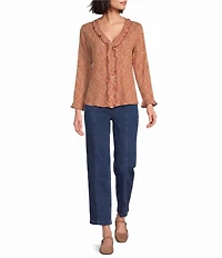 Intro Knit Space-Dye Ruffle Detail V-Neck Bracelet Length Flounce Sleeve Button-Front Shirt