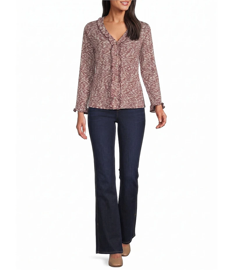 Intro Knit Space-Dye Ruffle Detail V-Neck Bracelet Length Flounce Sleeve Button-Front Shirt