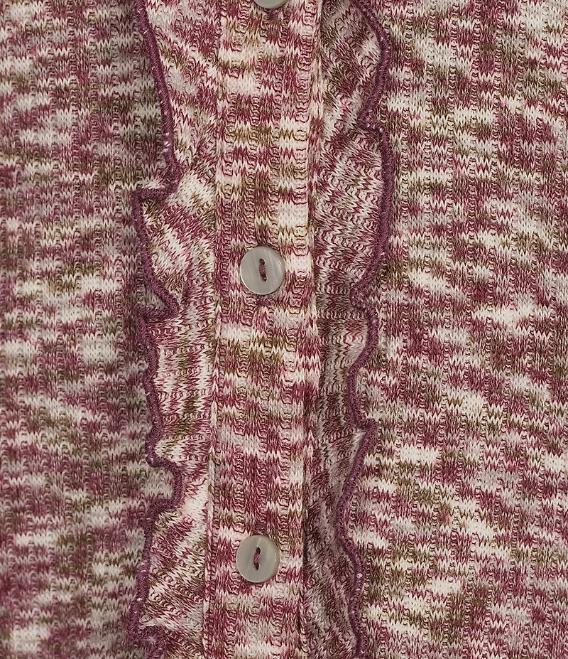 Intro Knit Space-Dye Ruffle Detail V-Neck Bracelet Length Flounce Sleeve Button-Front Shirt