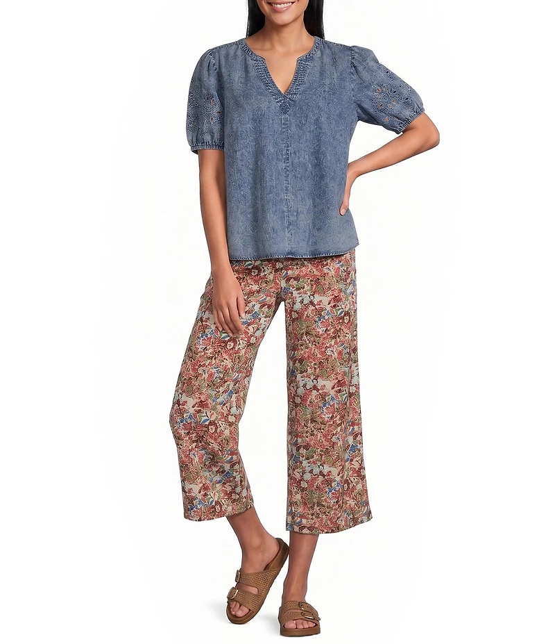 Intro Linen-Blend Abstract Floral Print Pull-On Capri Pants