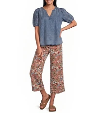 Intro Linen-Blend Abstract Floral Print Pull-On Capri Pants