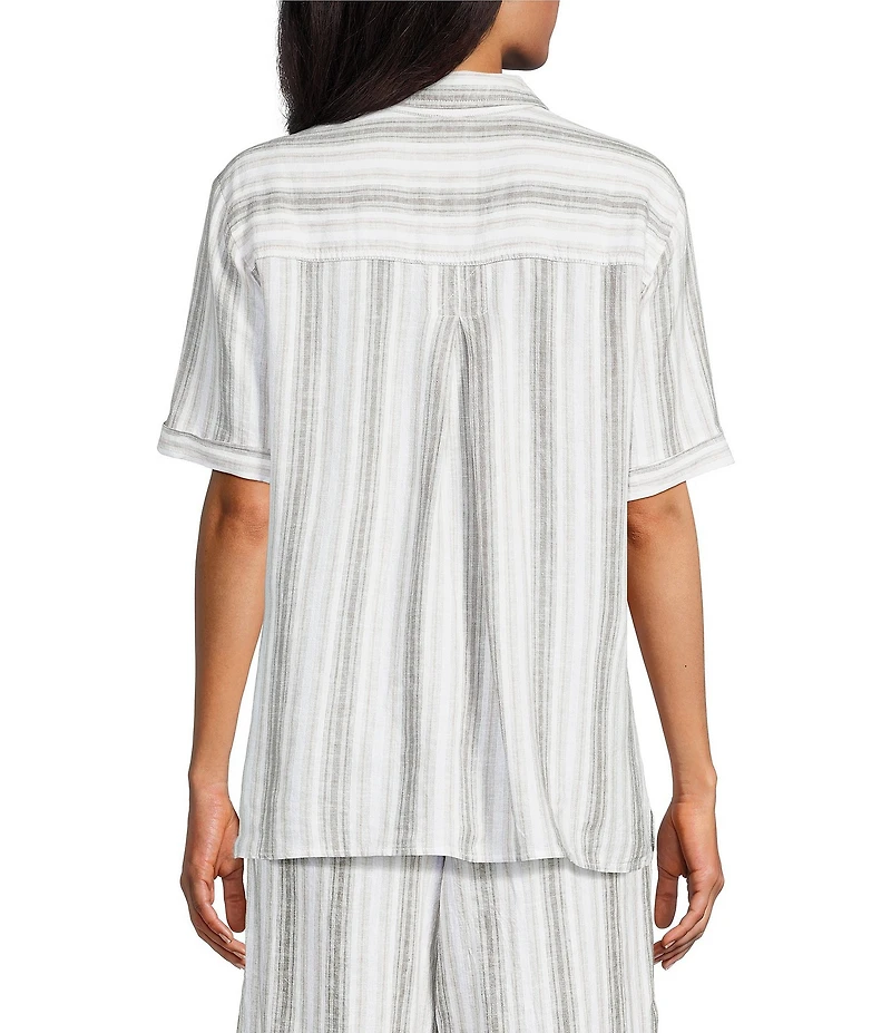 Intro Linen Blend Coordinating Stripe Point Collar Elbow Sleeve Button Front Camp Shirt