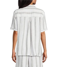 Intro Linen Blend Coordinating Stripe Point Collar Elbow Sleeve Button Front Camp Shirt