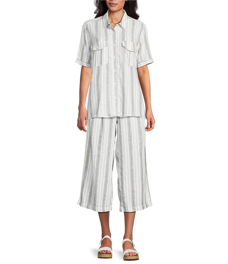 Intro Linen Blend Coordinating Stripe Point Collar Elbow Sleeve Button Front Camp Shirt